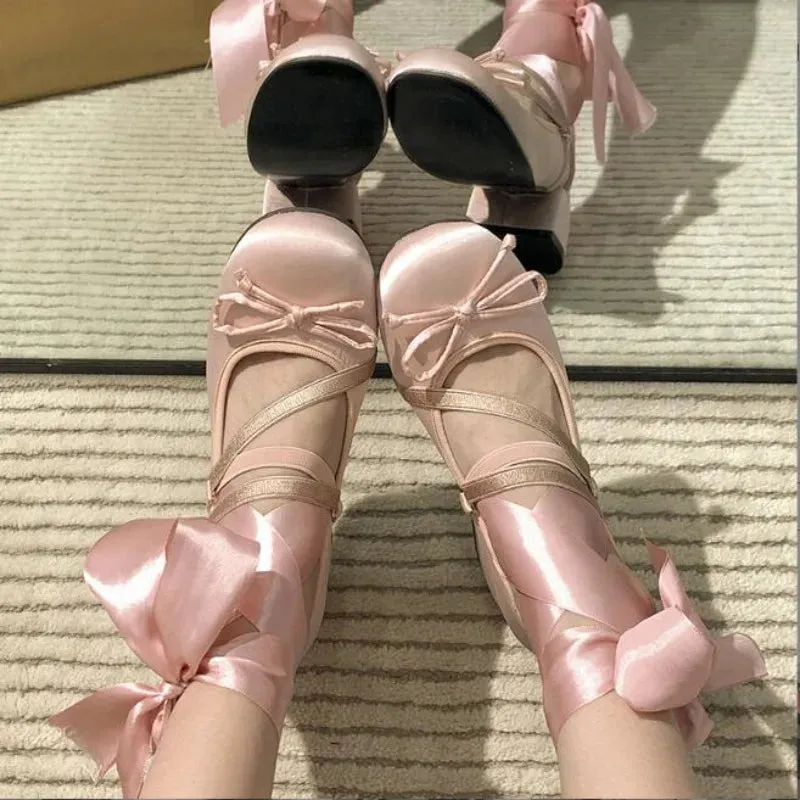 Advbridge -  Chunky Heels Lolita Pumps Shoes Hot Brand Spring Summer French Style Elegance Women Pumps Lace Up Ballet Style Single Shoes