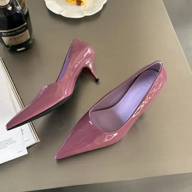 Advbridge  -  Fashion Patent Leather Women Pointed Toe Pumps Shallow Slip On Ladies Elegant  Party Thin Heel Shoes 2024 Spring Office Footwear