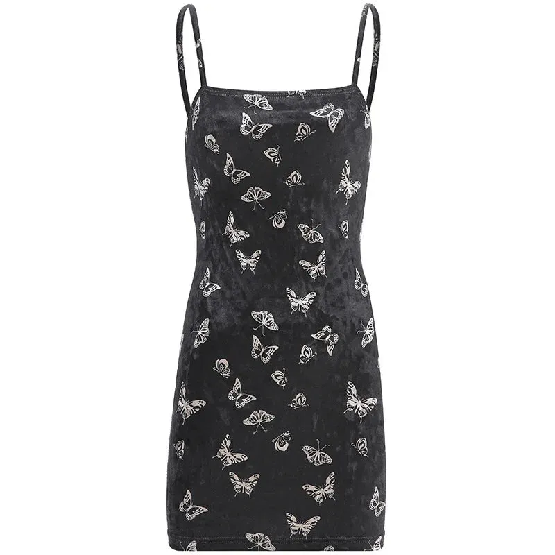 Black Gothic Spaghetti Strap Backless Off Shoulder Casual Print Mini Dress