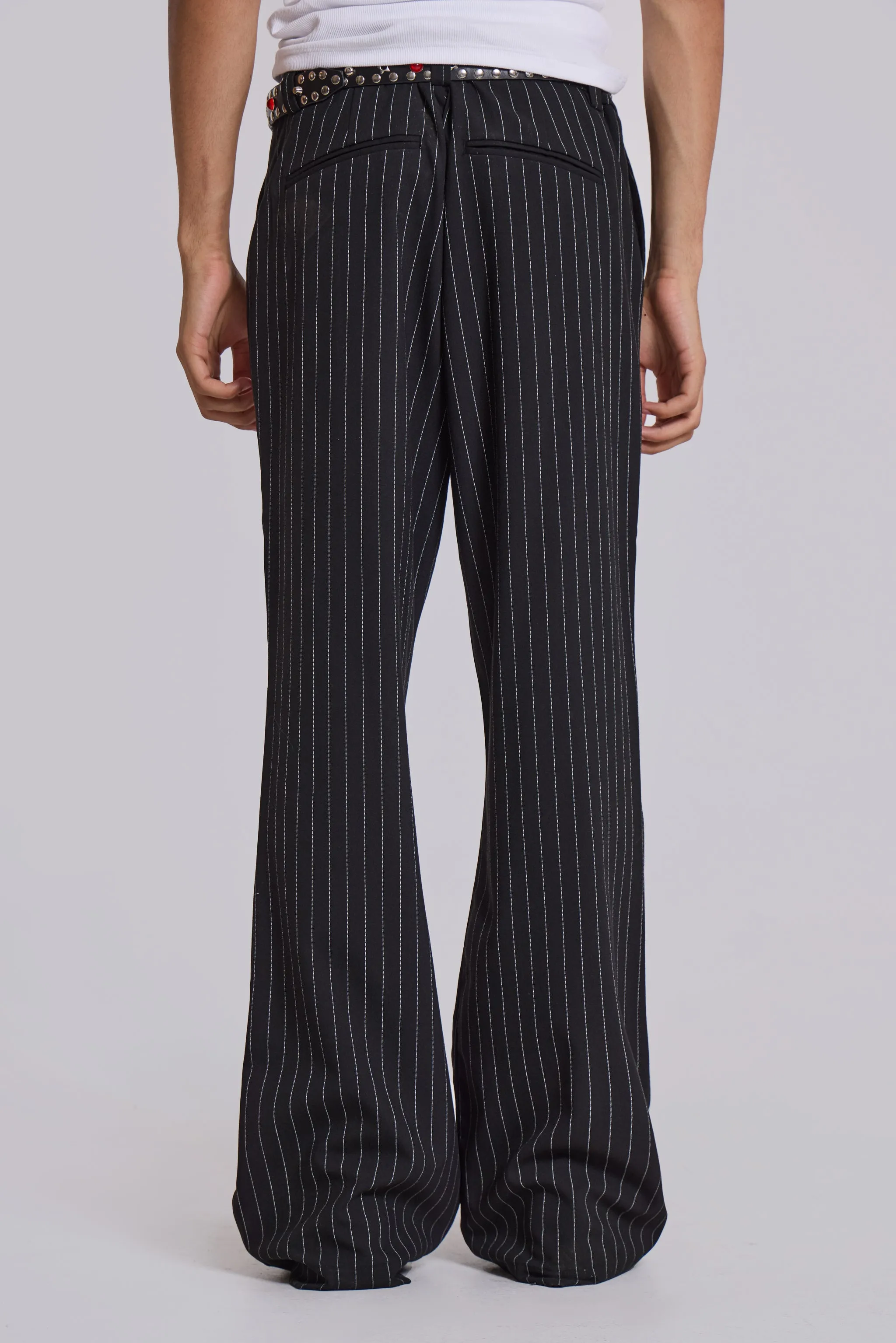 Black Pinstripe Stacked Bootcut Suit Pants