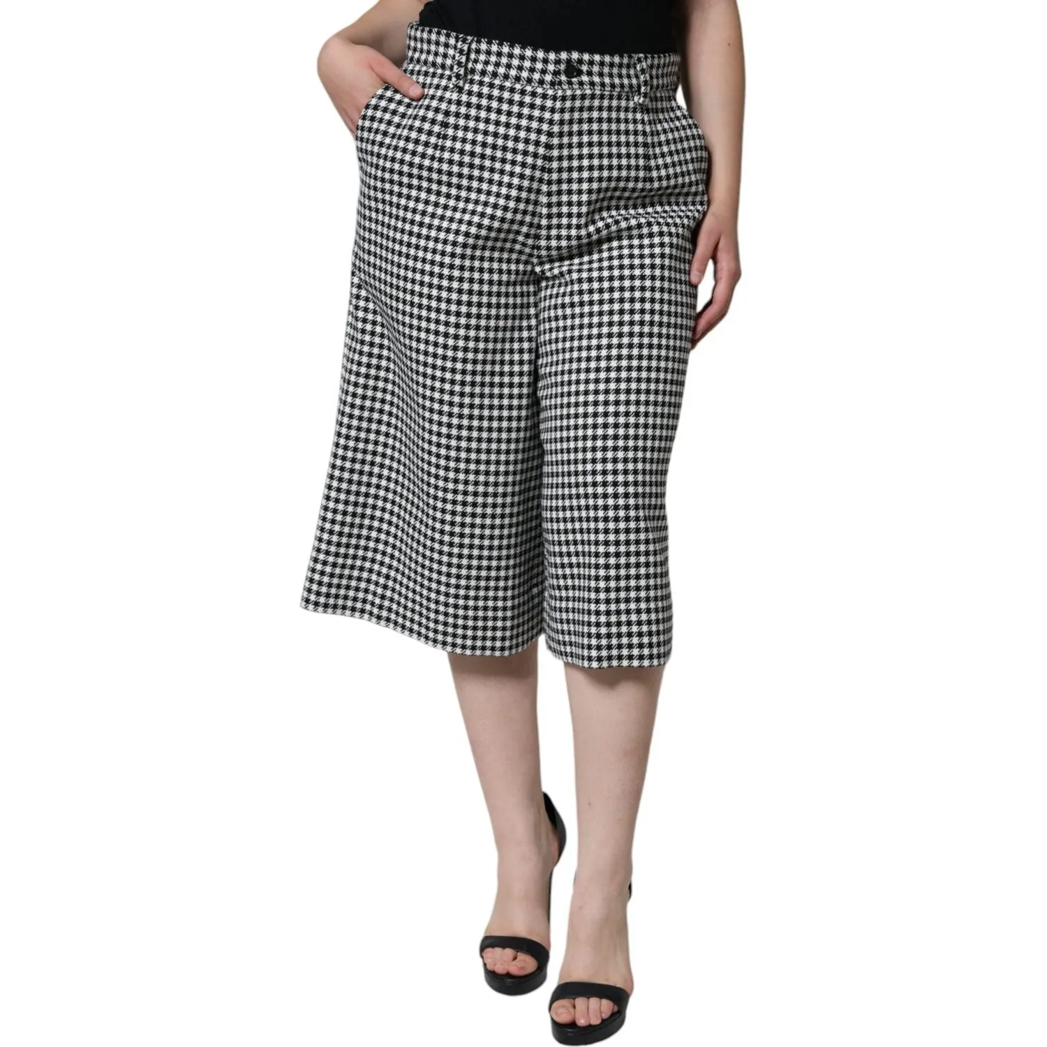 Dolce & Gabbana Black White Houndstooth Cropped Wide Leg Pants