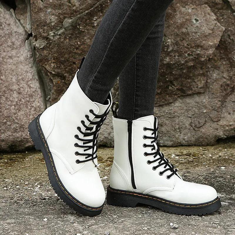 Fashion Lace-up Boots For Women Autumn And Winter Black White Zipper Mid-calf Boots Elegant Low Heel Shoes