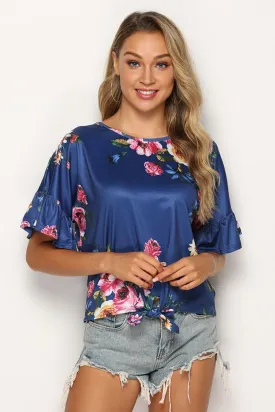 Floral Tie Hem Flounce Sleeve Top