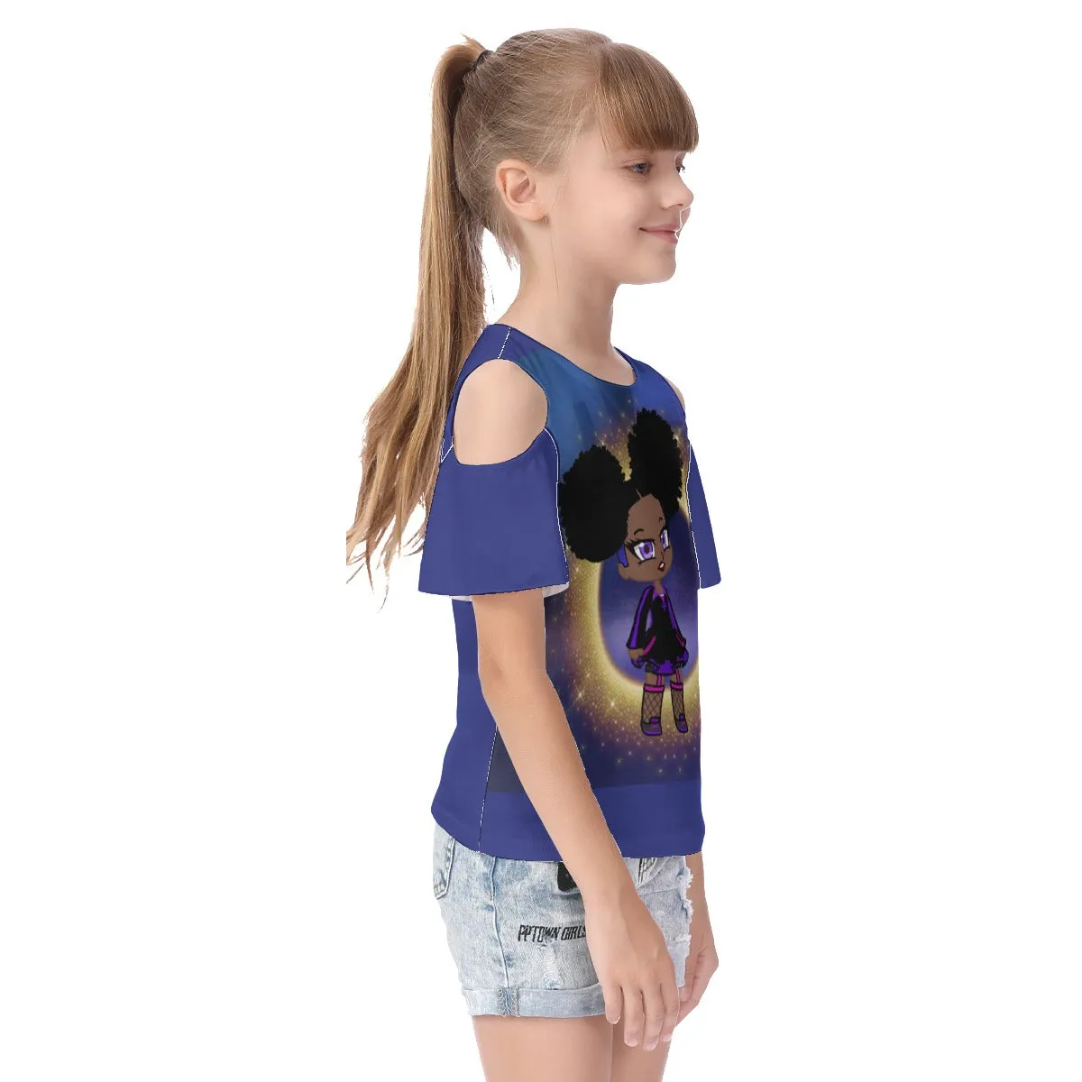 Fro-Puff Girl's Cold Shoulder T-shirt With Ruffle Sleeves