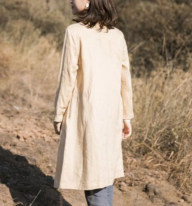 Khaki Linen Loose Long Sleeve Shirt Autumn Women Linen Dresses S90921