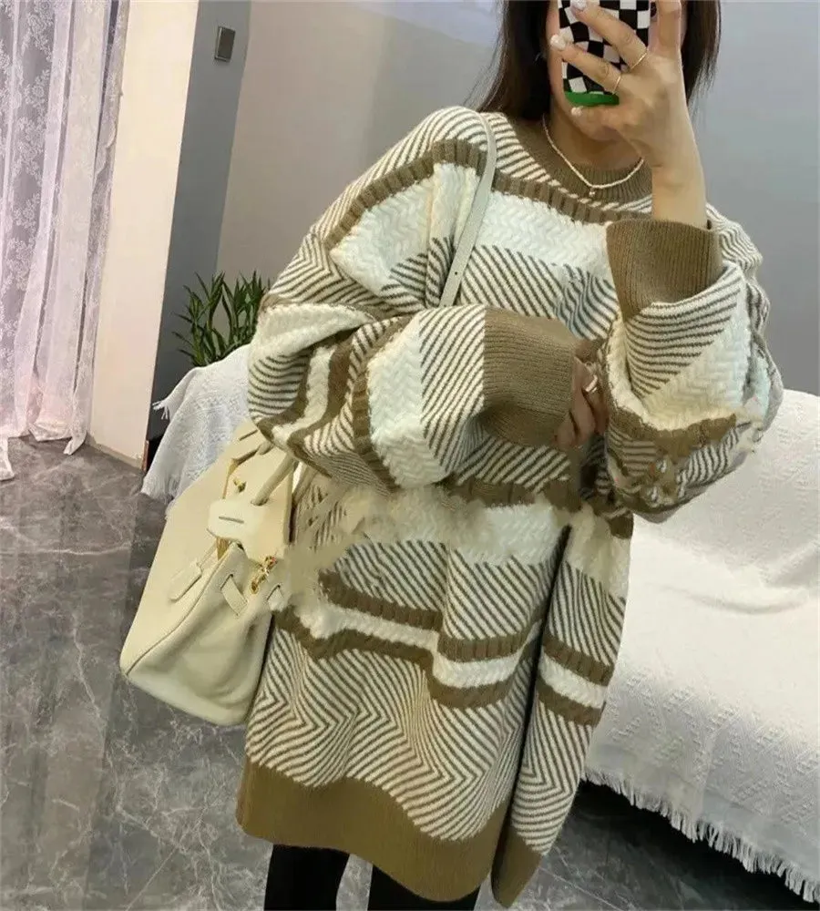 Loose Sweater Woolen Knitted Long Thickened Pullovers Jacket Fall Lady Wool Big Letter Sleeved Knit Shirt Fashion Clothes Languid 3 Colors