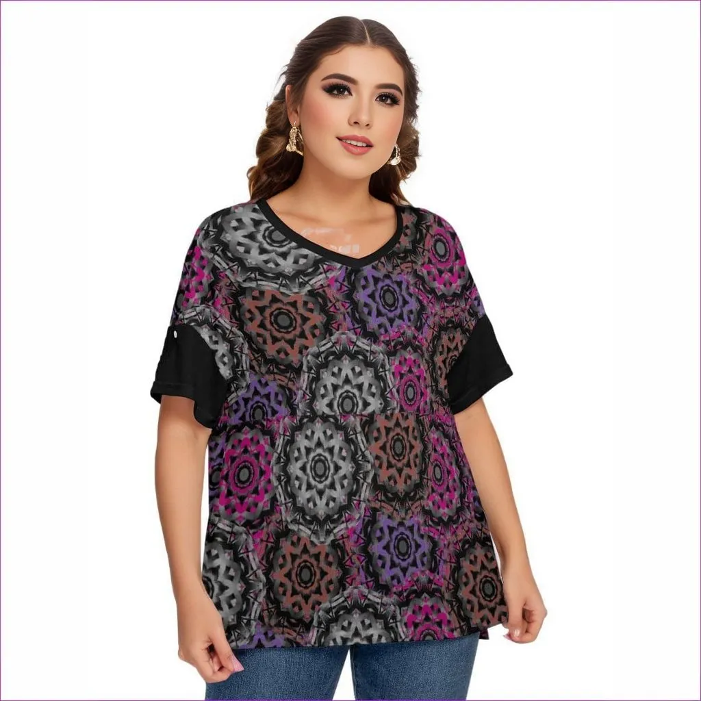 Mandala Graffiti Womens Drop-shoulder Short Sleeve T-shirt With Sleeve Loops(Plus Size)