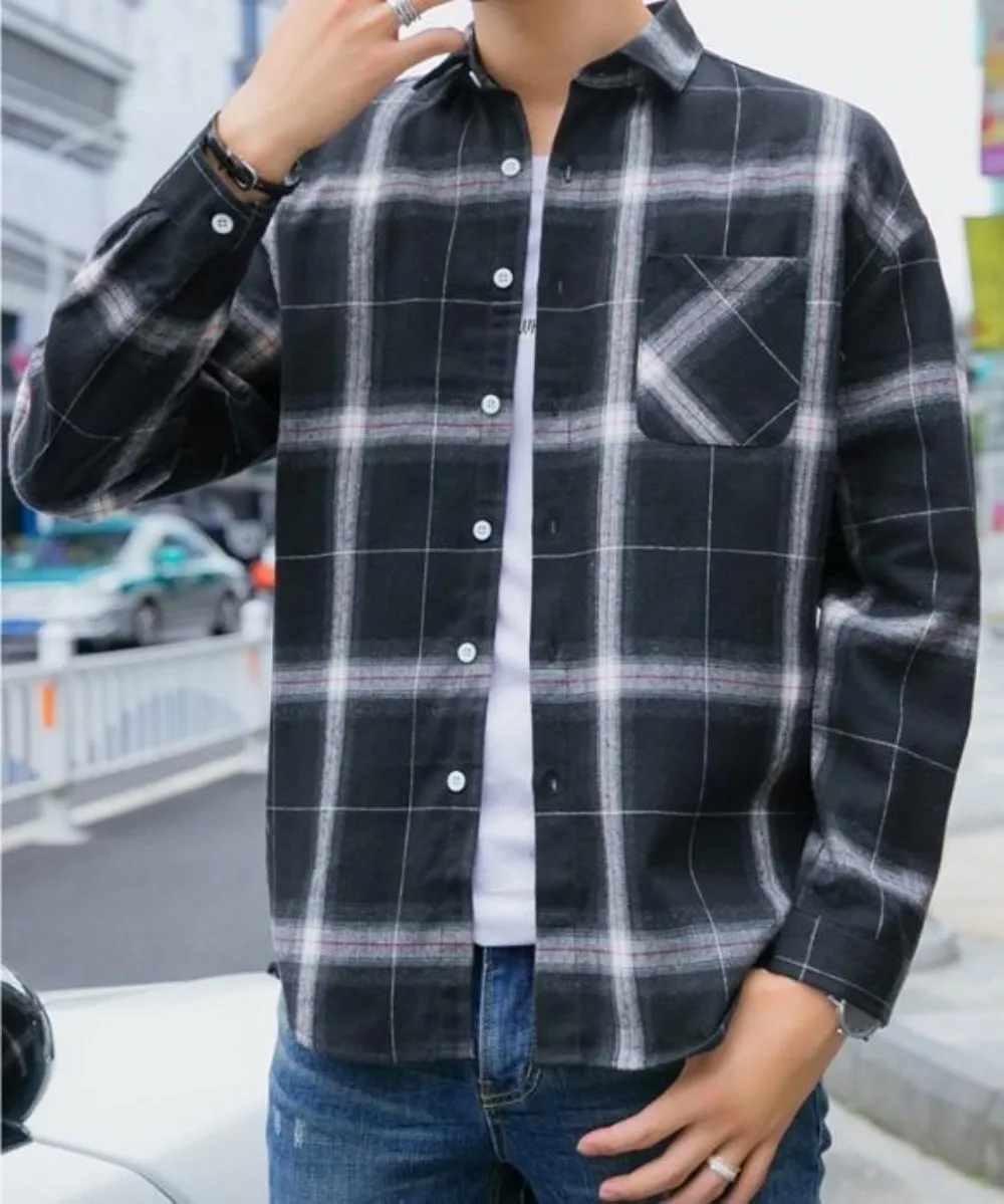 Mens Casual Long Sleeve Button Front Plaid Shirt in Black