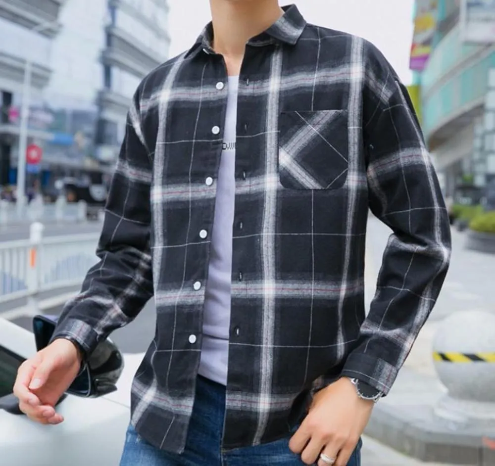 Mens Casual Long Sleeve Button Front Plaid Shirt in Black