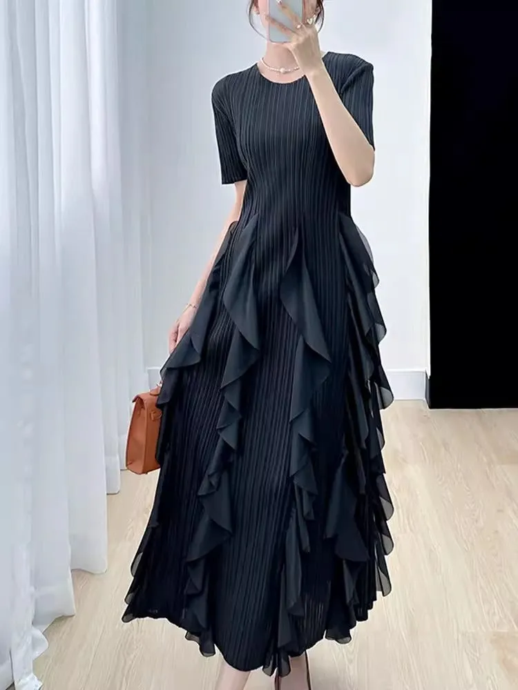 Miyake Pleated Vertical Ruffles Round Neck Maxi Dress