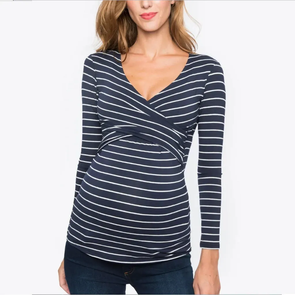 New Pregnant Women T-shirt Maternity Blouse Breastfeeding Casual Long Sleeve Tops Striped Pregnancy Breast Feeding Nursing Shirt