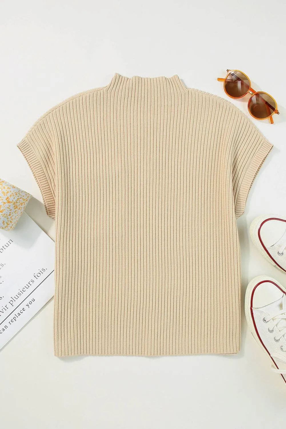 Oatmeal Patch Pocket Ribbed Knit Short Sleeve Sweater