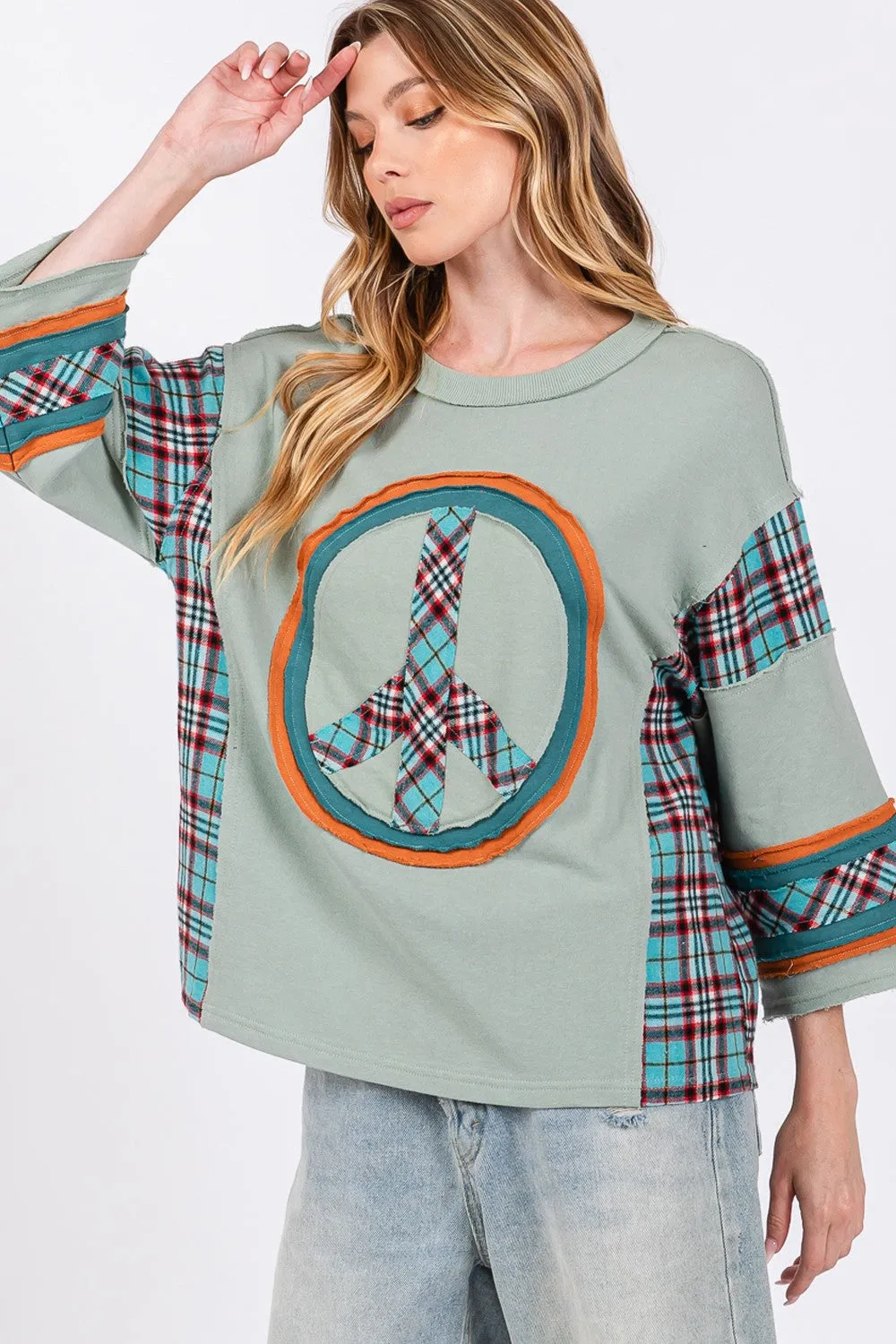 Peace Applique Patch Contrast Plaid Top