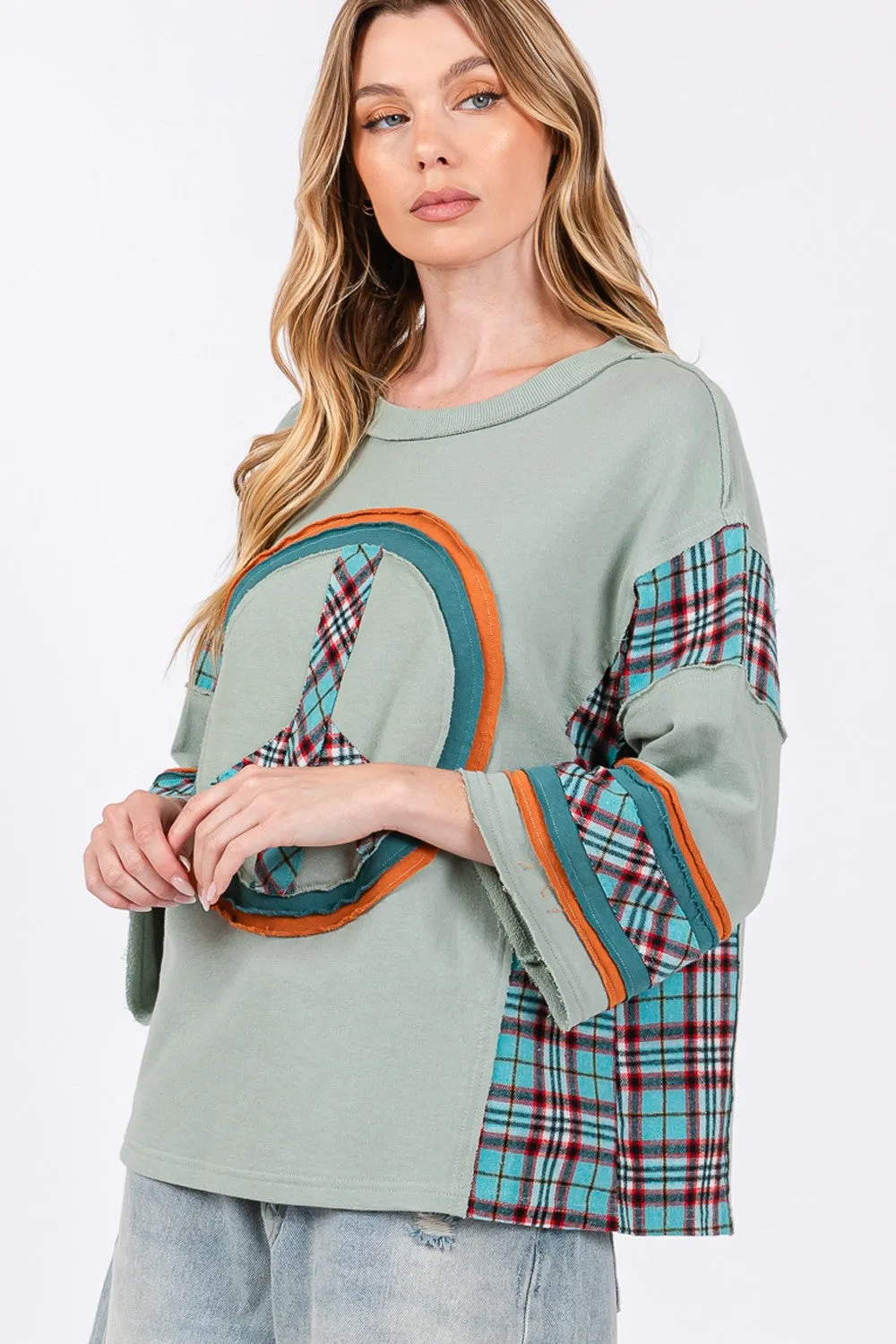 Peace Applique Patch Contrast Plaid Top