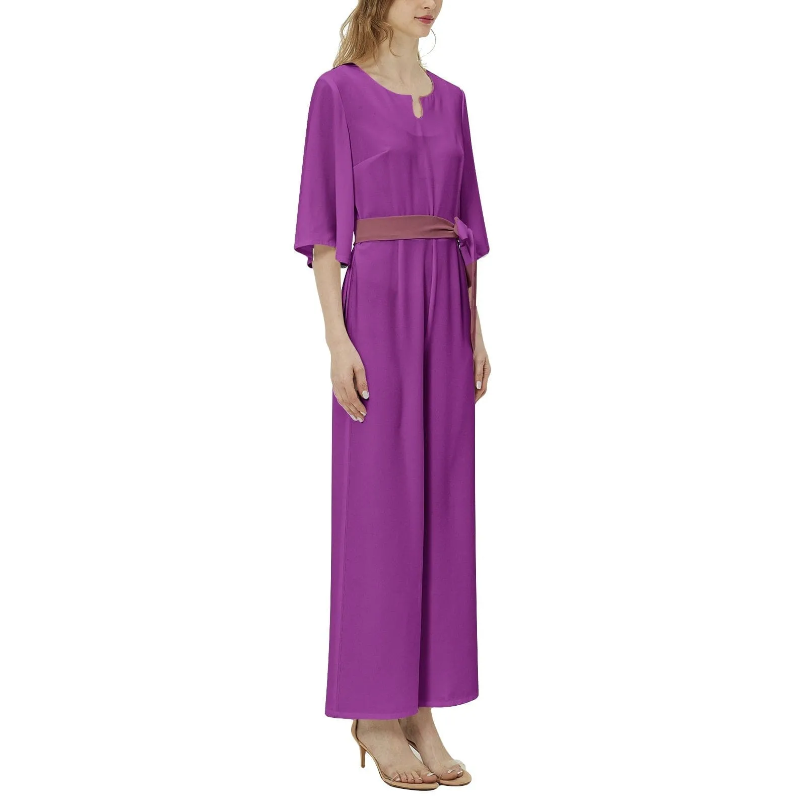 Plum Berry Dolman Sleeve Belted Wide Leg Jumpsuit