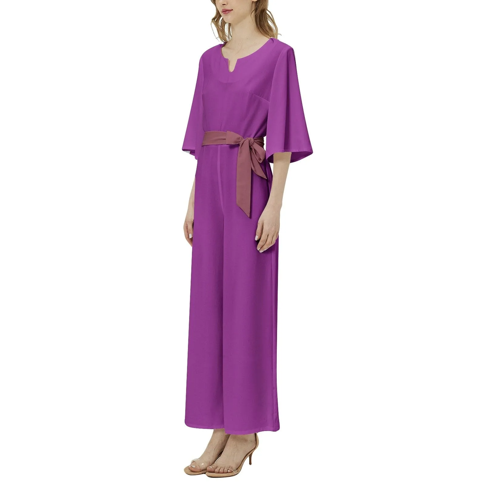 Plum Berry Dolman Sleeve Belted Wide Leg Jumpsuit