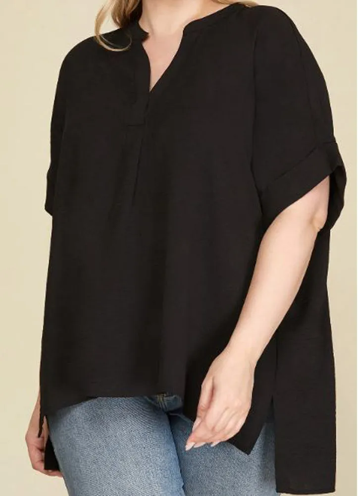 Plus Drop Shoulder Stand Collar Woven Top in Black by She   Sky