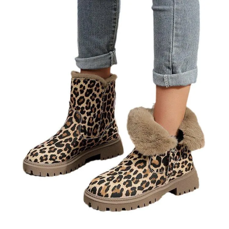 Plus Size Leopard Print Ankle Boots Women Round Toe Woolen Cotton Comfortable Flat