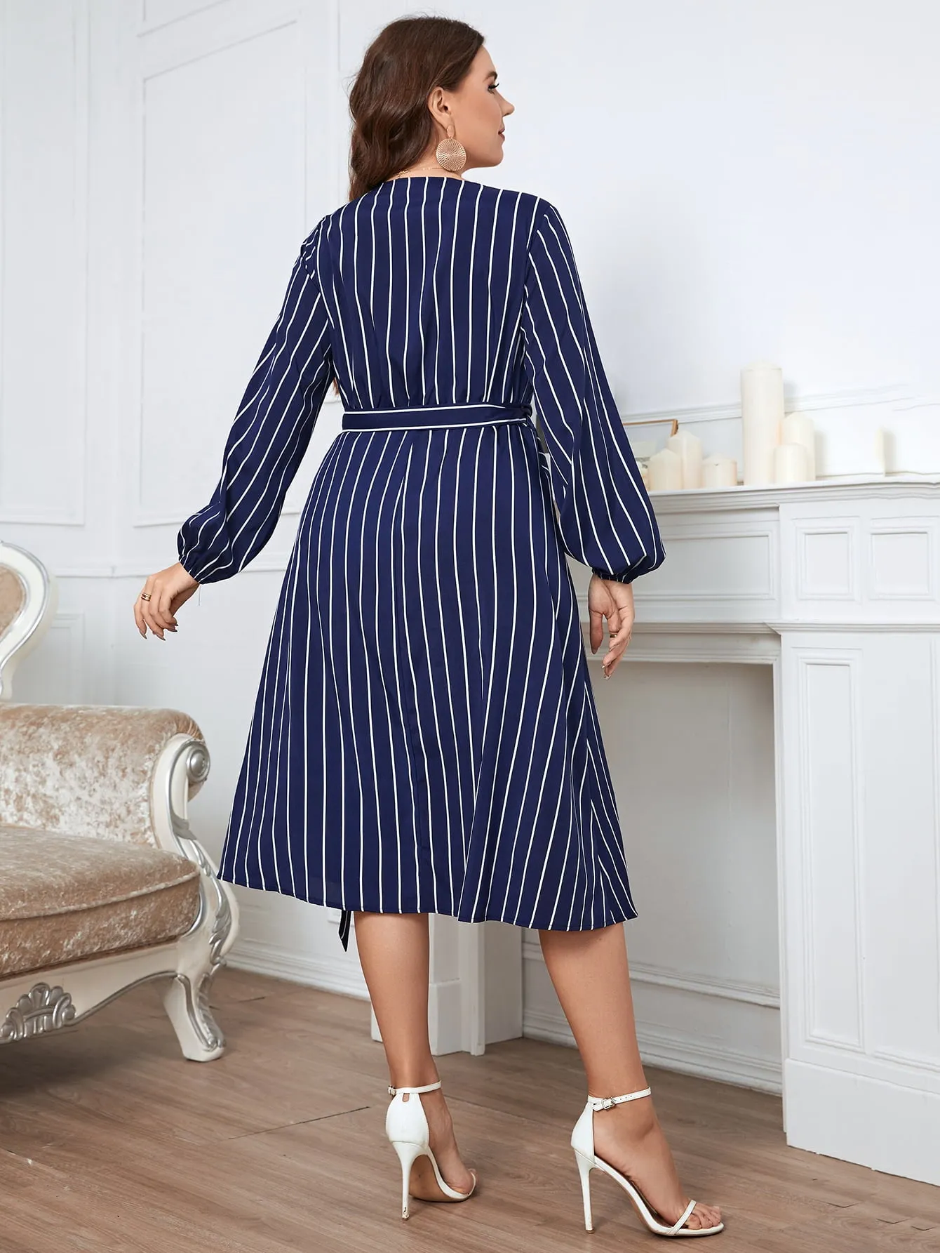 Plus Size Striped Surplice Neck Long Sleeve Dress