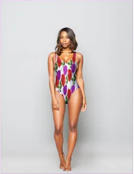 Red Rose Purp White One-Piece Foil Swimsuit - Ships from The US