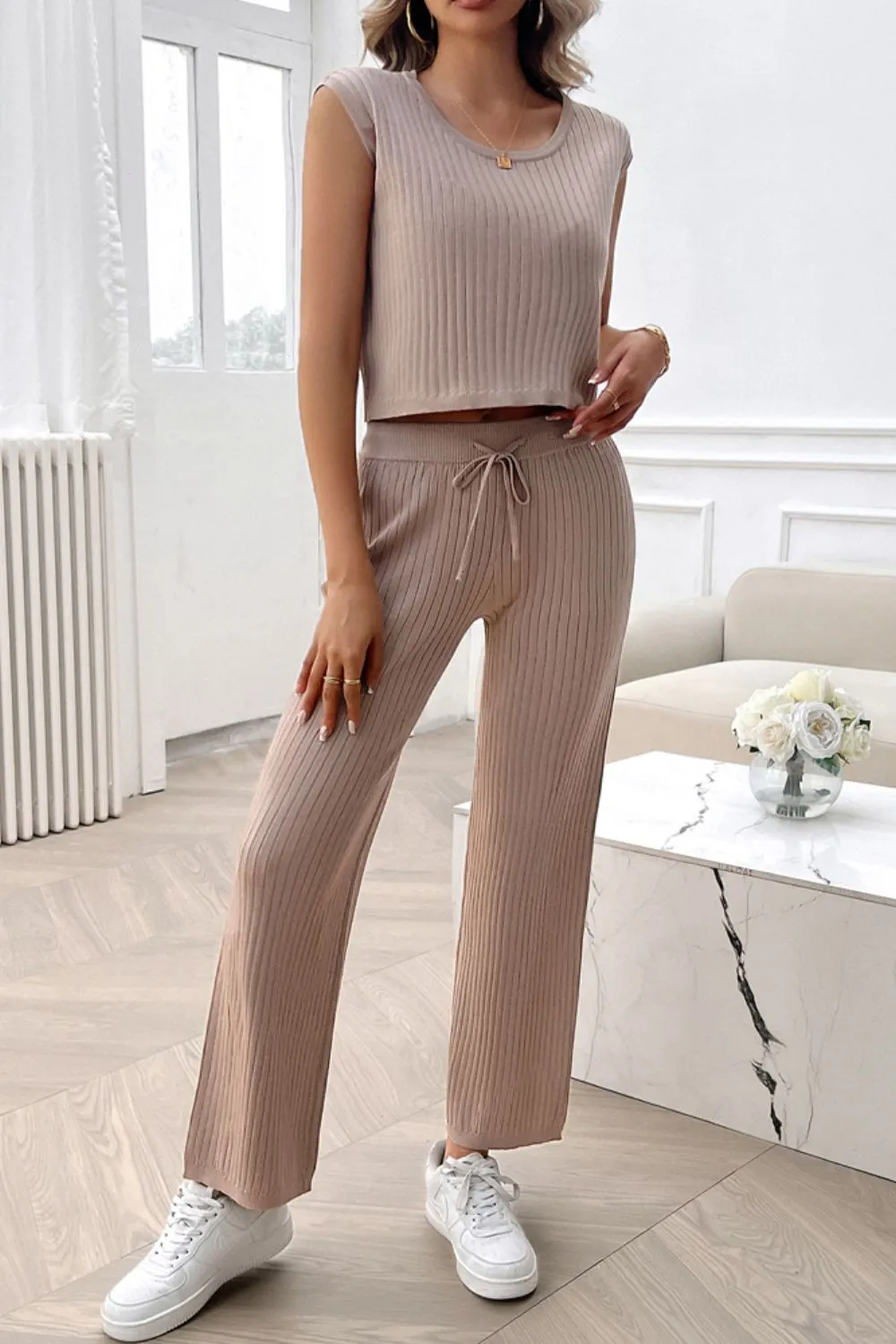 Ribbed Round Neck Top and Pants Set