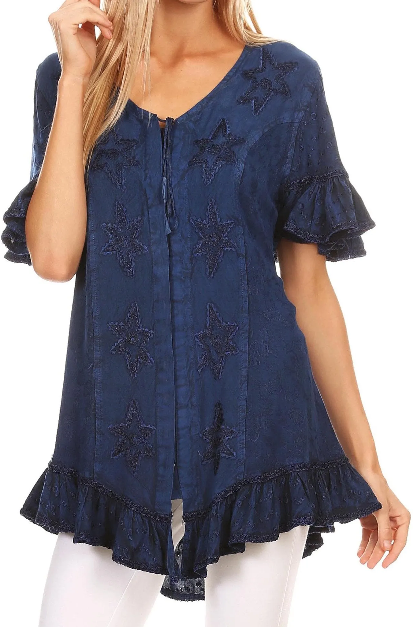 Sakkas Sayle Long Star Embroidered Blouse Shirt Top With Button Front And Ruffles