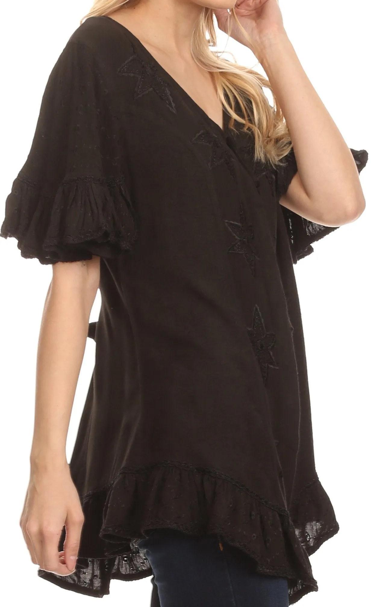 Sakkas Sayle Long Star Embroidered Blouse Shirt Top With Button Front And Ruffles