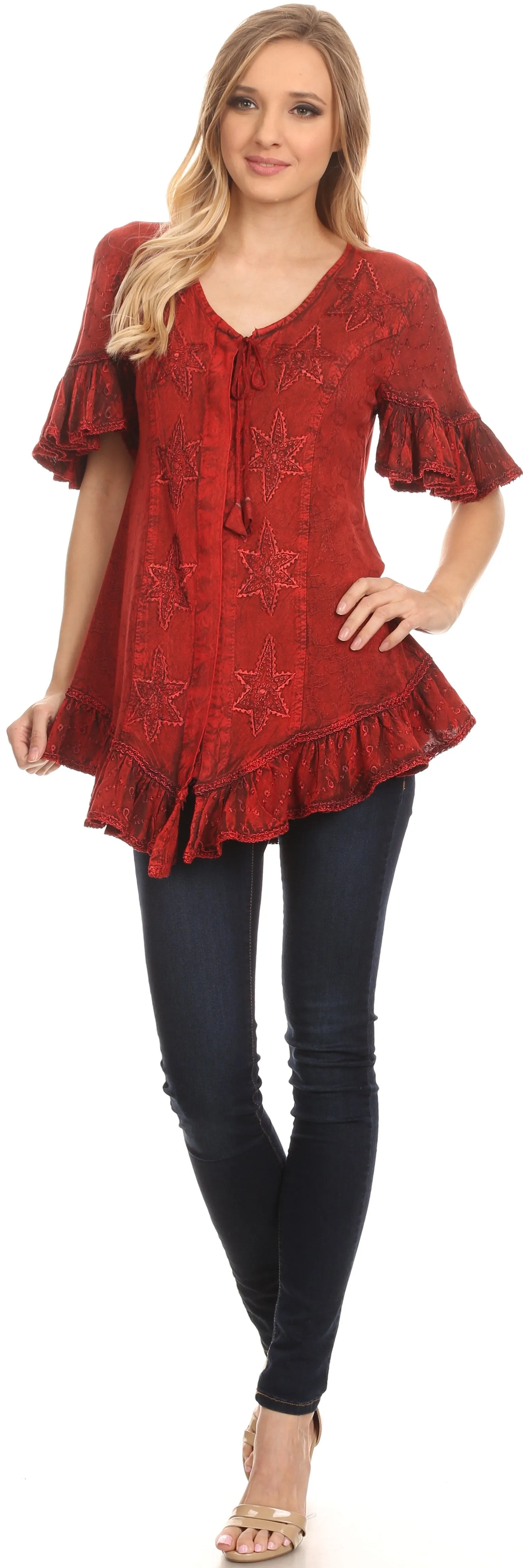 Sakkas Sayle Long Star Embroidered Blouse Shirt Top With Button Front And Ruffles