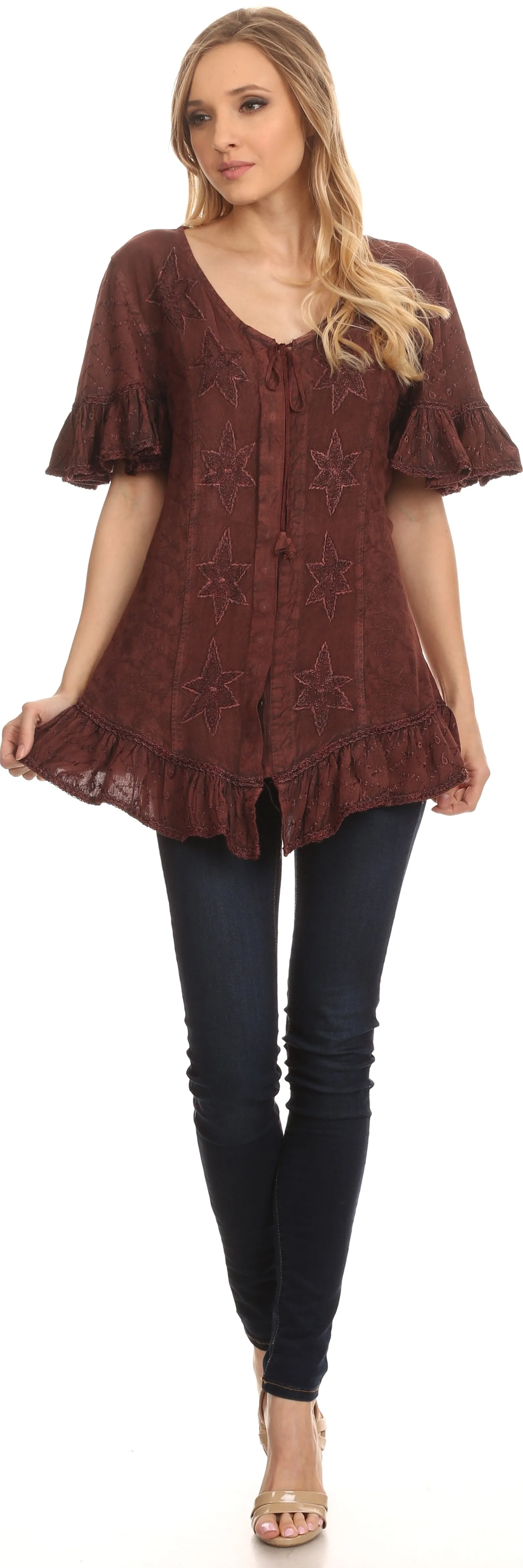 Sakkas Sayle Long Star Embroidered Blouse Shirt Top With Button Front And Ruffles