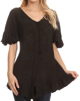 Sakkas Sayle Long Star Embroidered Blouse Shirt Top With Button Front And Ruffles