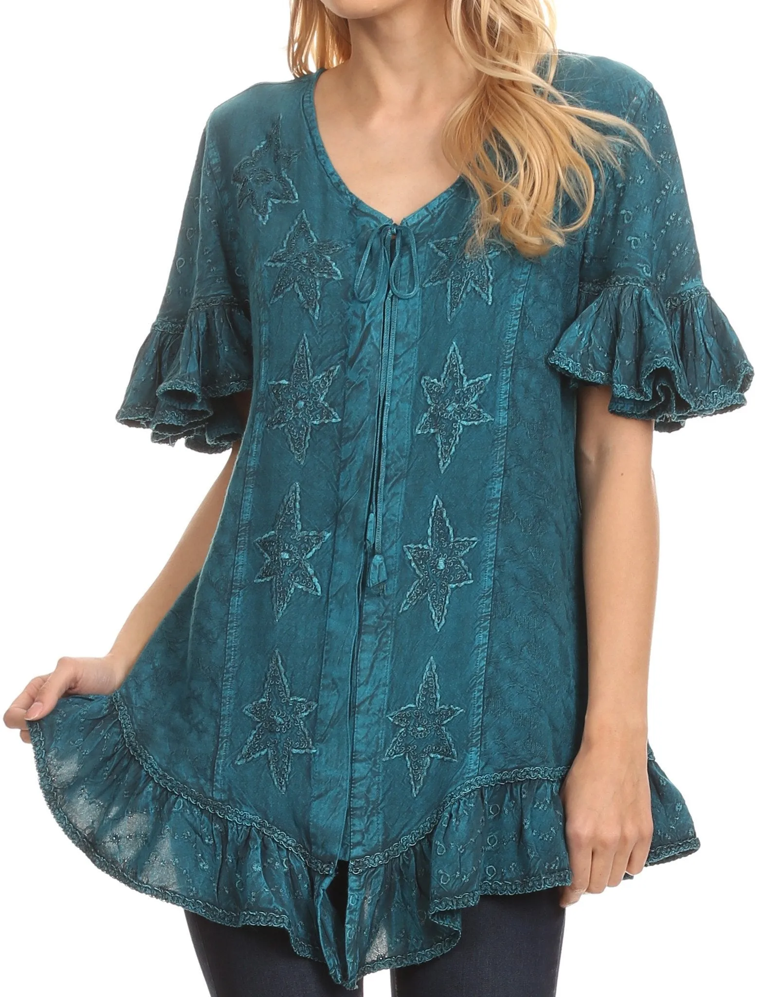 Sakkas Sayle Long Star Embroidered Blouse Shirt Top With Button Front And Ruffles