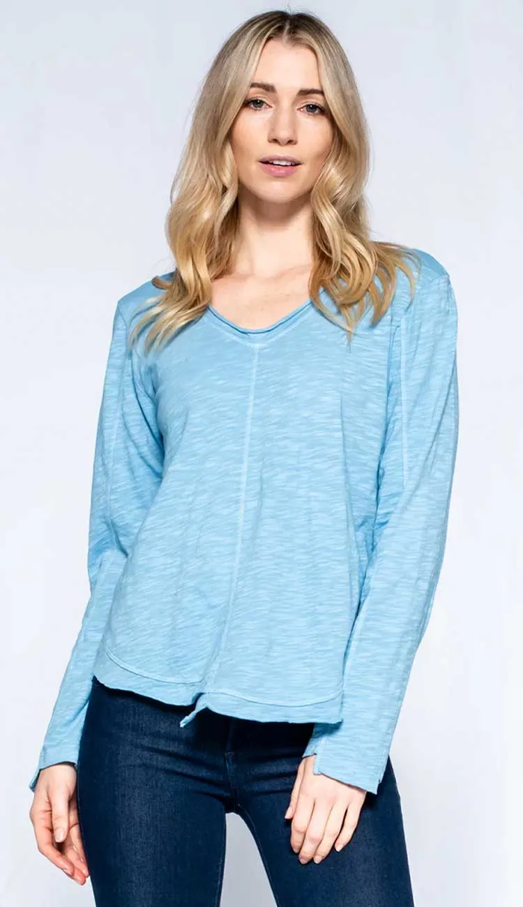 Scoop Neck Shifted Hem Long Sleeve Shirttail Tee - Poppy