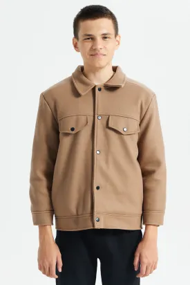 Senior Boys Brown Two Pocket Buttoned Padded Jacket