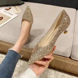 Sexy Pointed Toe Champagne Ladies High Heels 2024 New Shiny Crystal Wedding Bridal Shoes Simple Elegant Women's Dress Shoes