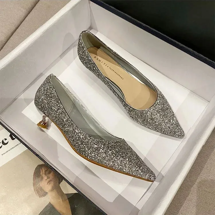 Sexy Pointed Toe Champagne Ladies High Heels 2024 New Shiny Crystal Wedding Bridal Shoes Simple Elegant Women's Dress Shoes