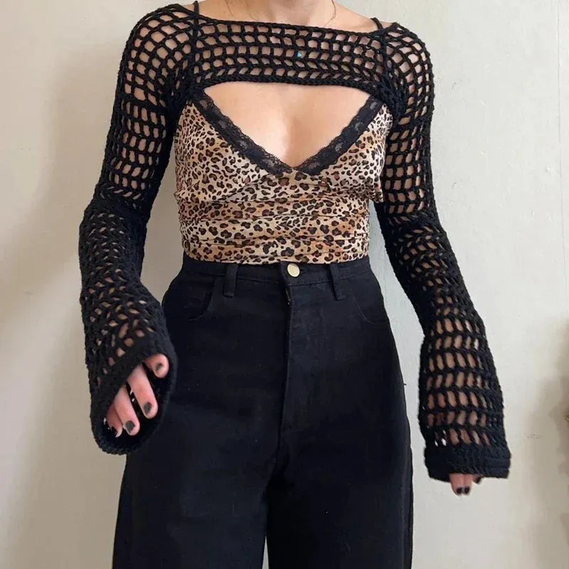 Sleeve Long Cropped Crochet Fishnet Mesh Hollow Out Summer Crop Women's Shrug Top