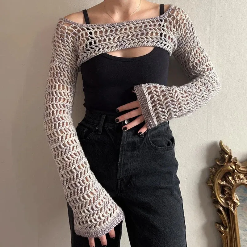 Sleeve Long Cropped Crochet Fishnet Mesh Hollow Out Summer Crop Women's Shrug Top