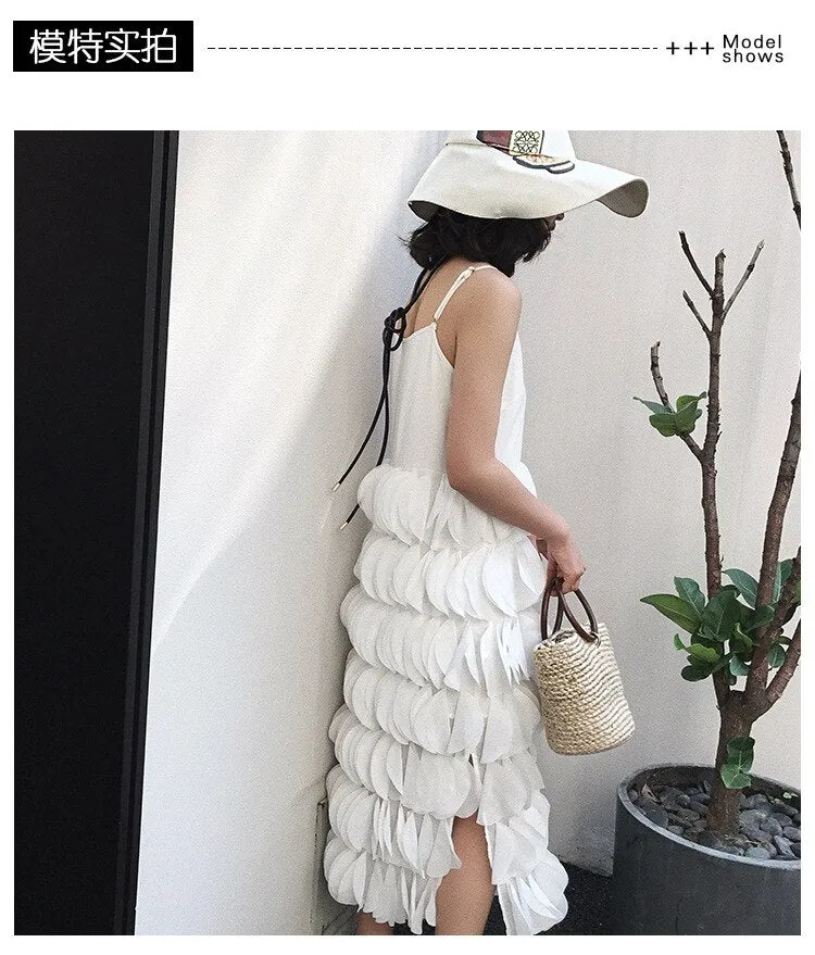 Sleeveless Spaghetti Strap Layered Patches Midi Dress