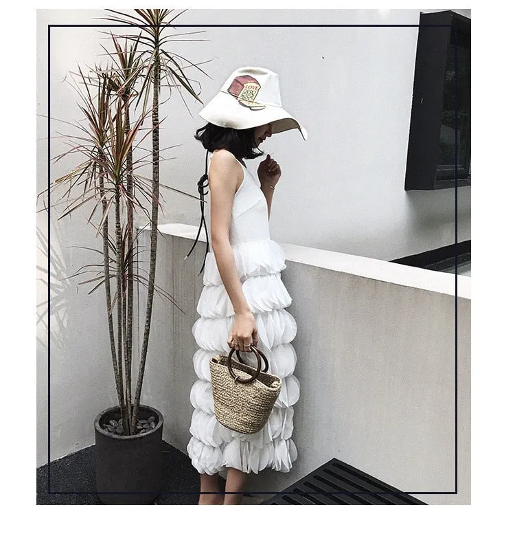 Sleeveless Spaghetti Strap Layered Patches Midi Dress