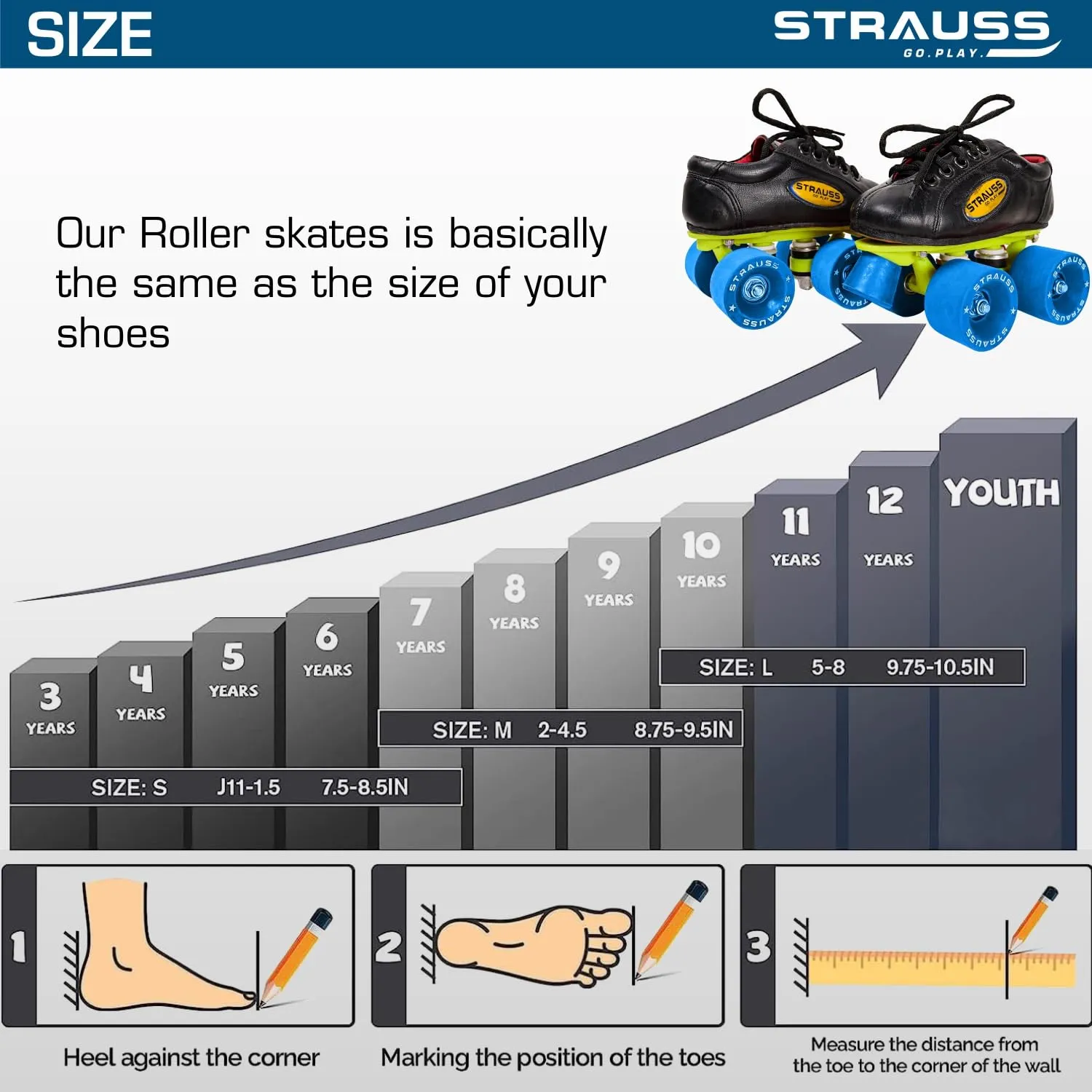 STRAUSS Gripper Adjustable Skating Shoes | Combo Set for Boys Kids and Girls| Size- 2, (Blue/Black)