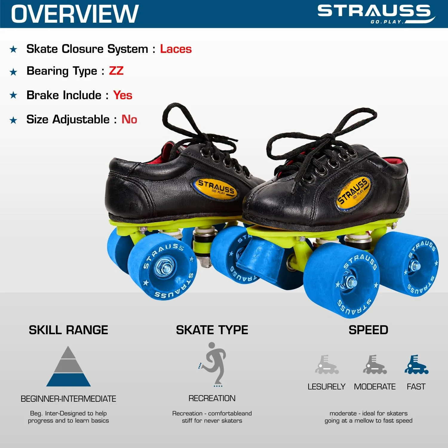 STRAUSS Gripper Adjustable Skating Shoes | Combo Set for Boys Kids and Girls| Size- 2, (Blue/Black)