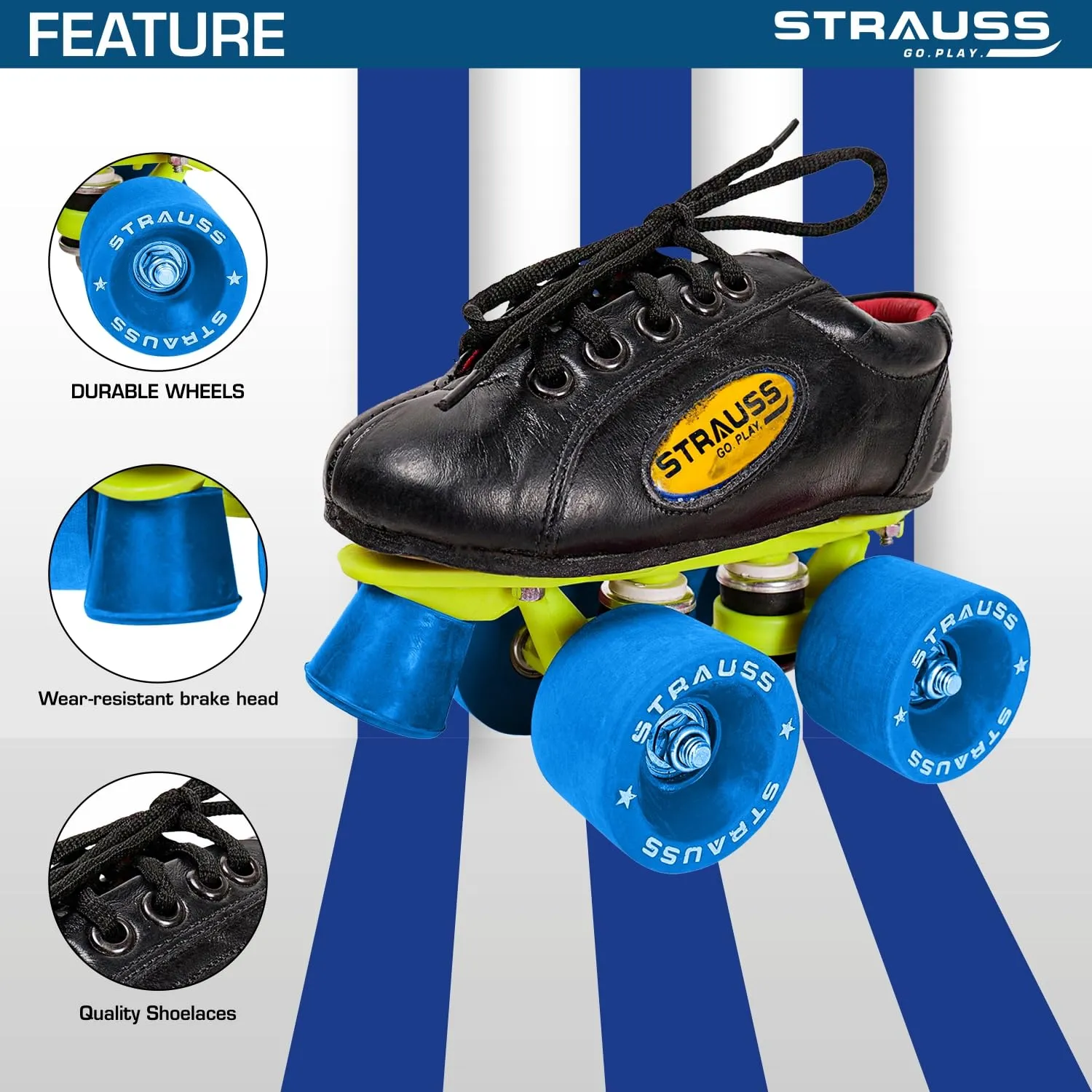 STRAUSS Gripper Adjustable Skating Shoes | Combo Set for Boys Kids and Girls| Size- 2, (Blue/Black)