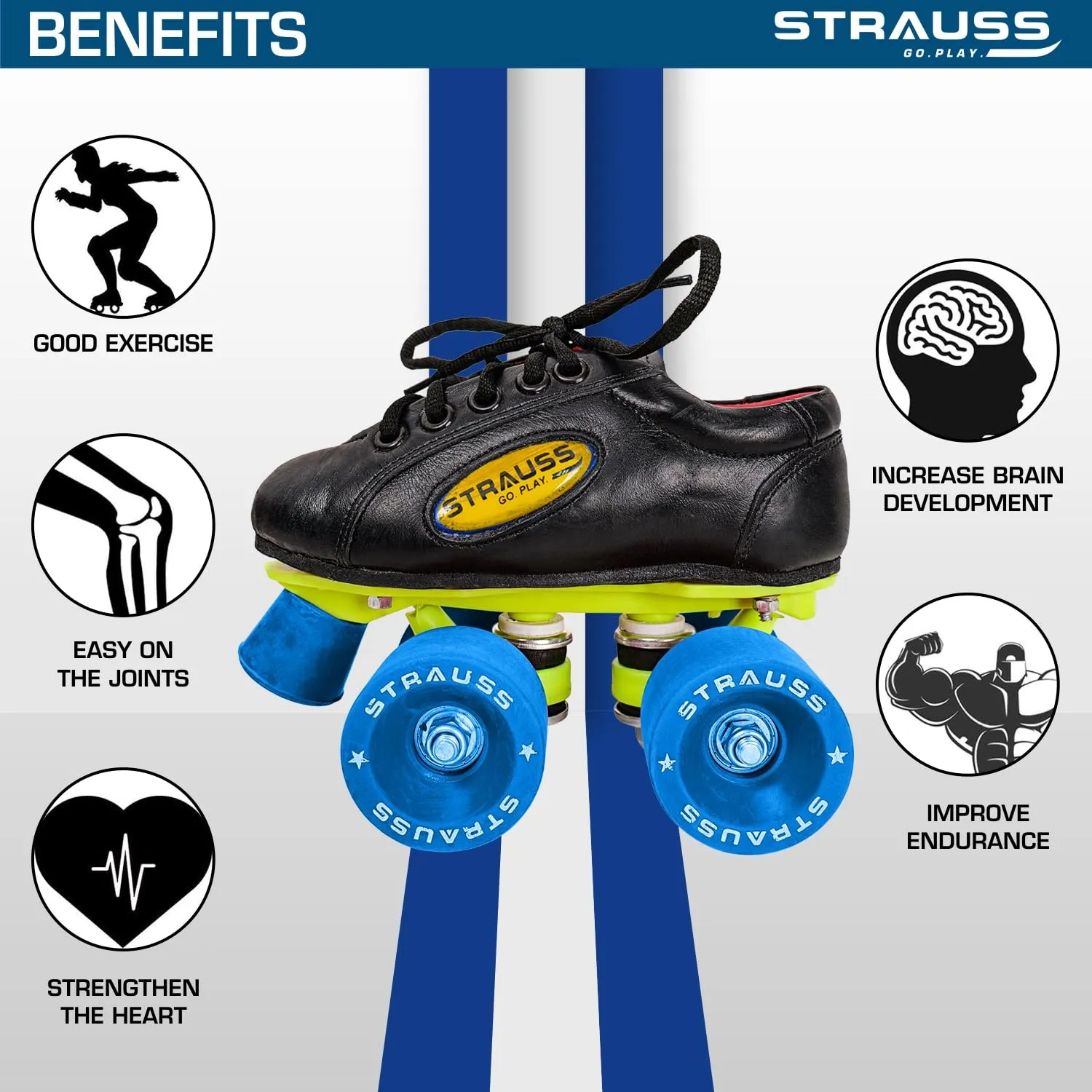 STRAUSS Gripper Adjustable Skating Shoes | Combo Set for Boys Kids and Girls| Size- 2, (Blue/Black)