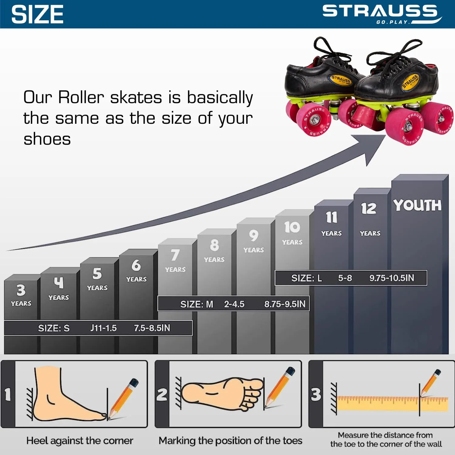 STRAUSS Gripper Skating Shoes | Fixed Body Roller Skates | Shoe Skate With Rubber Wheel |Ideal For Boys, Girls and Kids |Suitable For All Skill Level | Ideal For Junior (13-14 Years) ,Size-6, (Red/Black)