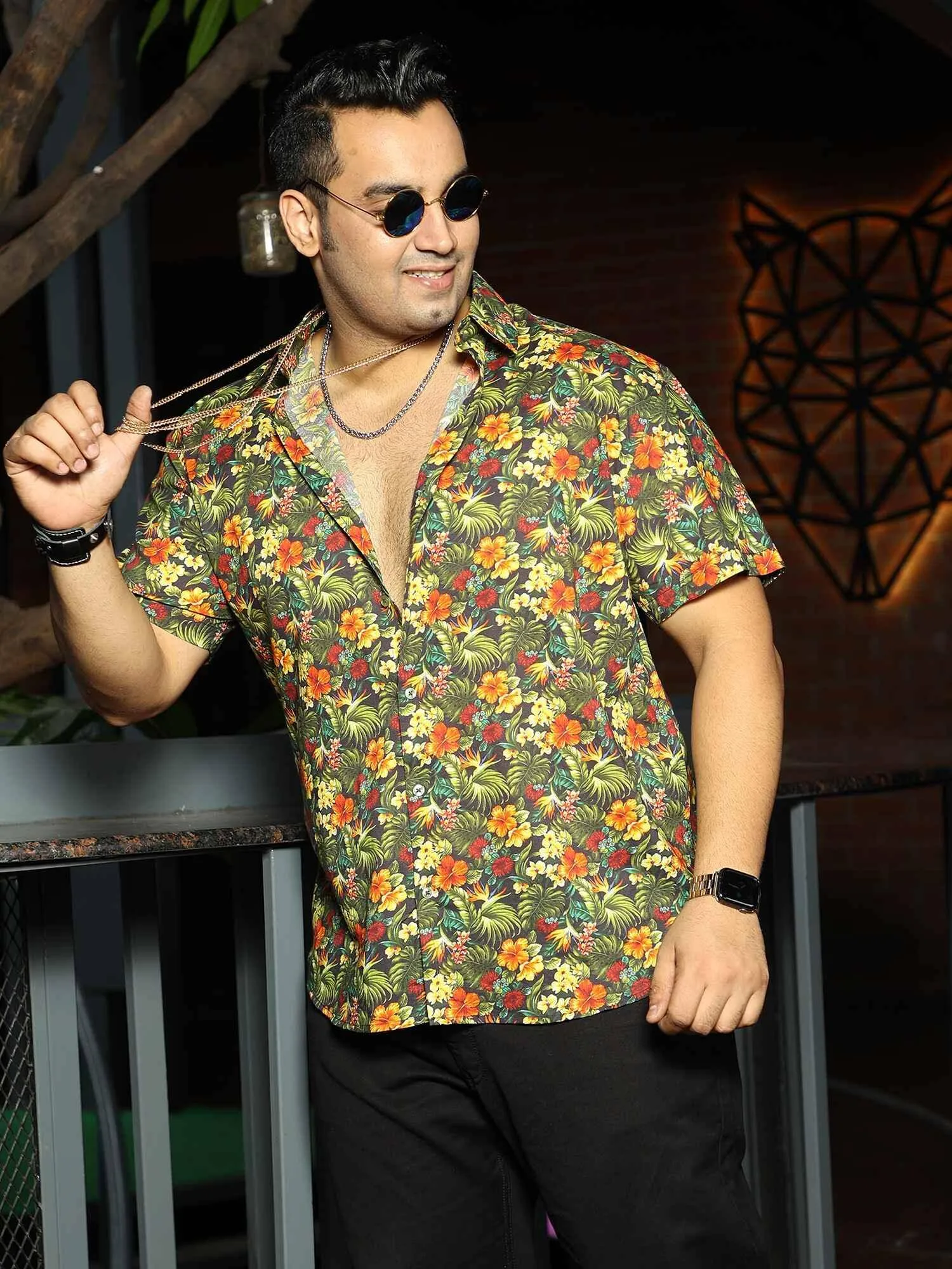 Tropical Floral Printed Party Wear Half Shirt Men's Plus Size