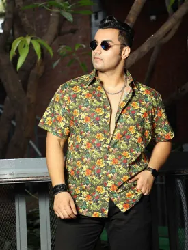 Tropical Floral Printed Party Wear Half Shirt Men's Plus Size