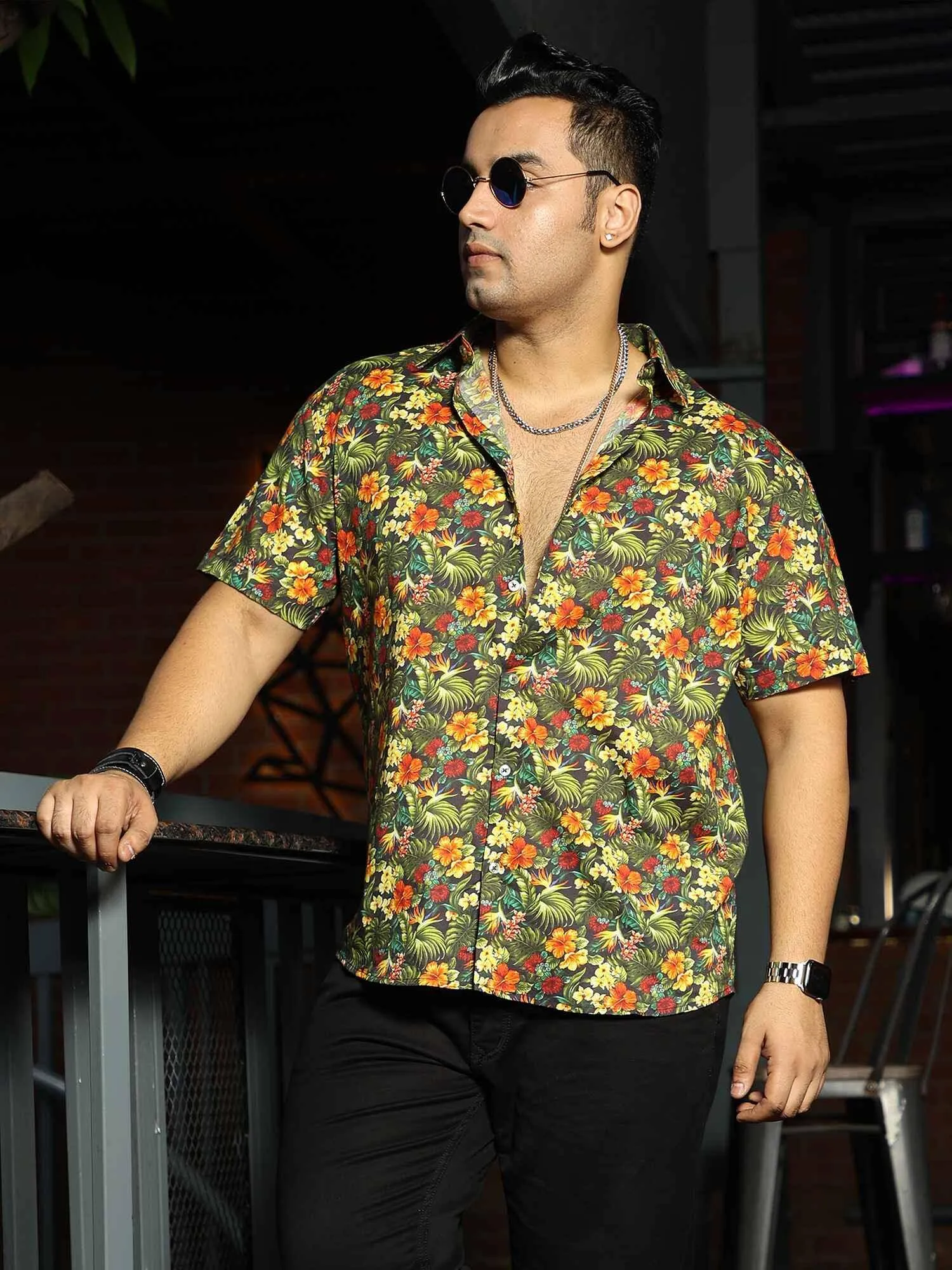 Tropical Floral Printed Party Wear Half Shirt Men's Plus Size