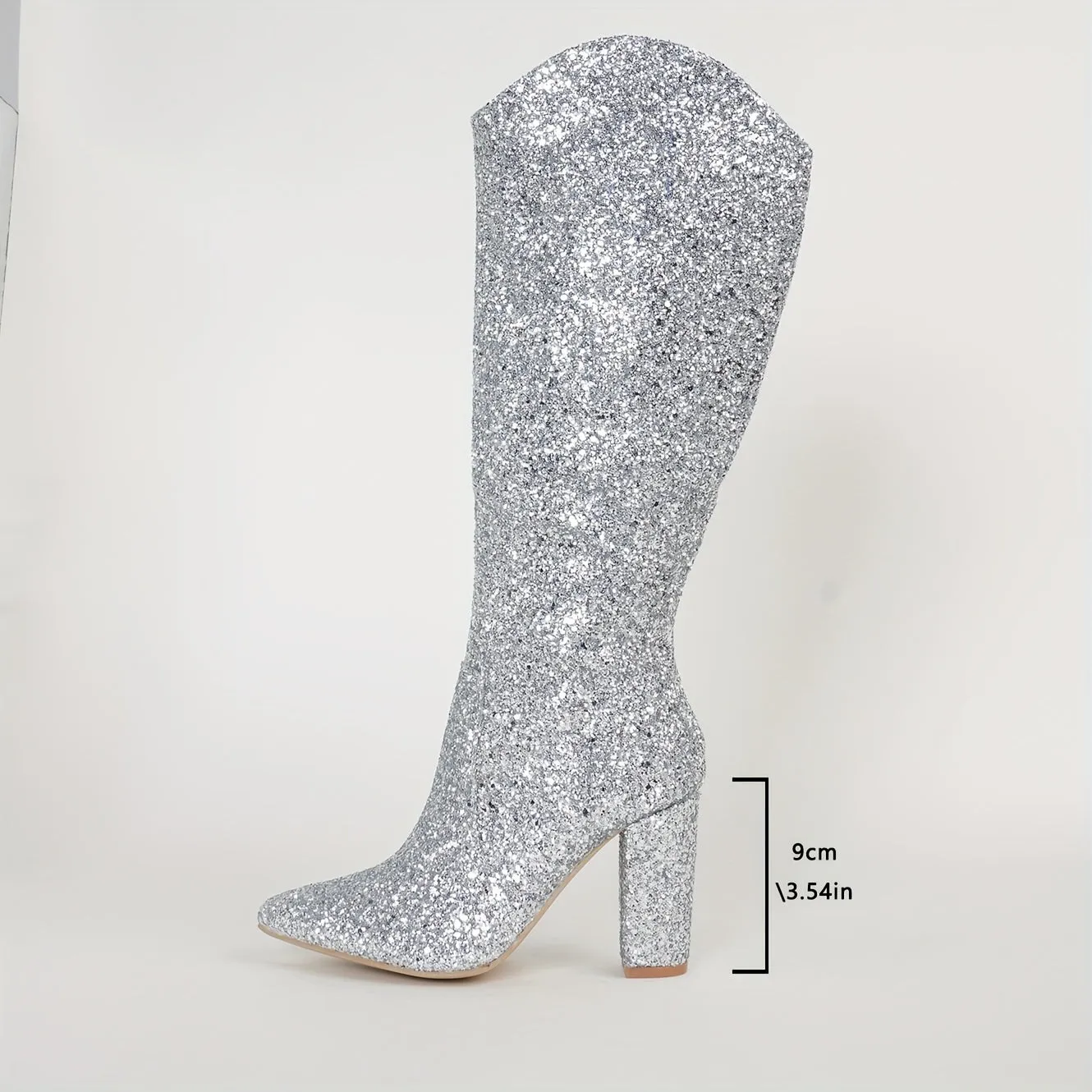 Vibrant Glitter Sequins Pointed Toe High Knee Boots - Chic Side Zipper Pull-On Design, Chunky Heel, Dance Show Inspired, Comfortable Fit, Perfect for Night Out, Party, Clubbing - Women's Fashion Statement Shoes