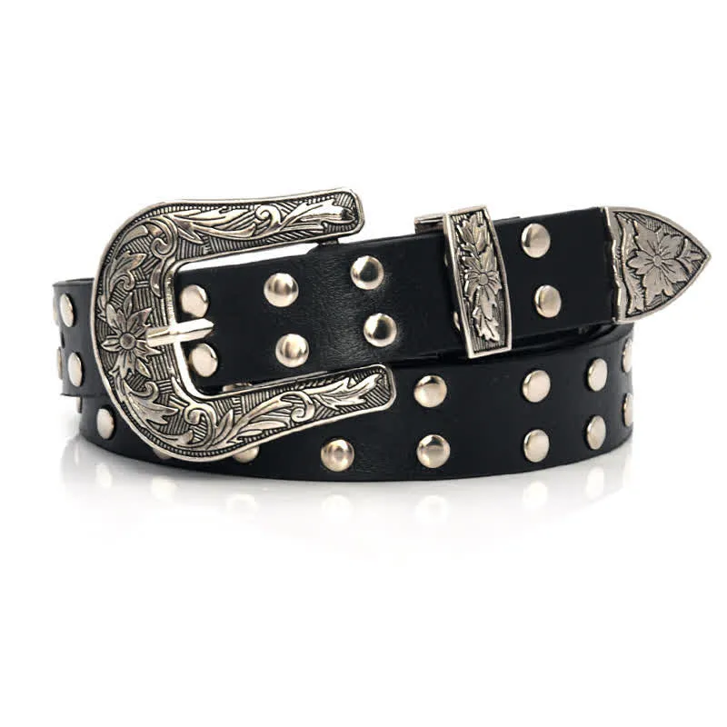 Women's Double Row Studded Rivets PU Leather Belt