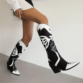 Women's Stylish Printed Chunky Heel Boots, Fashion Pointed Toe Western Boots, Women's Retro Boots